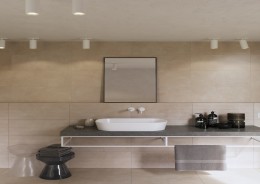 Lifestyle Bathroom Hallway Living Room with Horizon Light Beige Matt Décor Stone Effect Porcelain Ceramic Tile